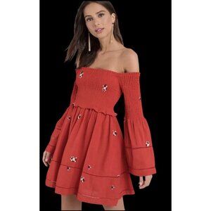 FREE PEOPLE OffShoulder Smocked Dress Women XS Red Embroidered Floral Cottagecor
